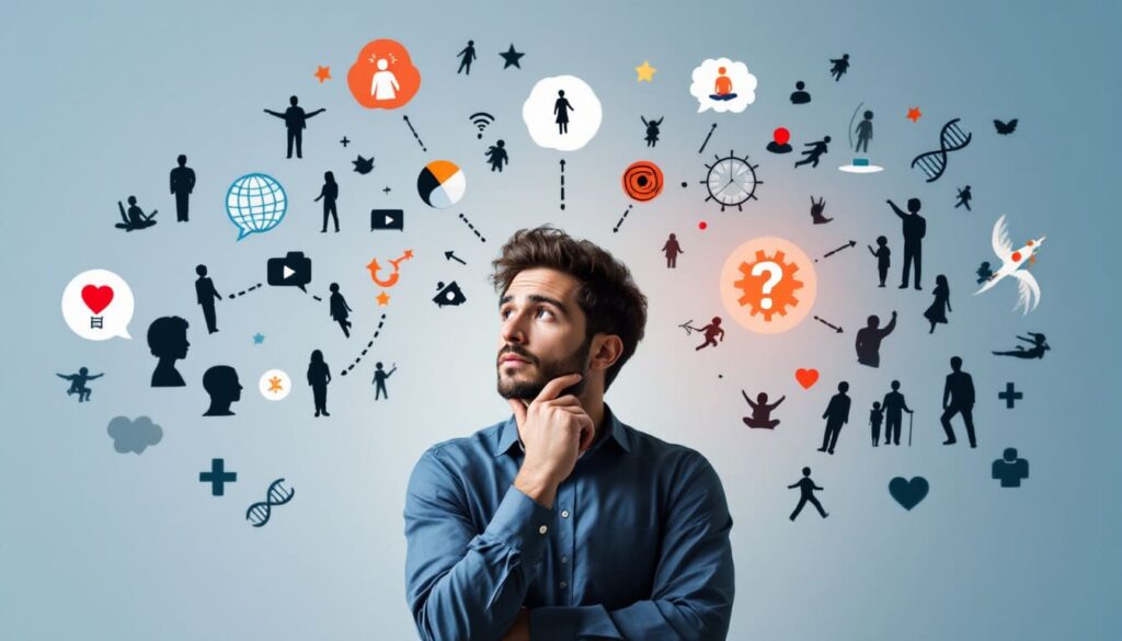 hombre conceptual pensativo con iconos flotando sobre su cabeza en fondo gris claro
