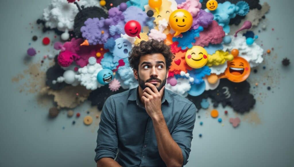 hombre enfocado en emociones con explosion de caras y colores simbolizando estados mentales