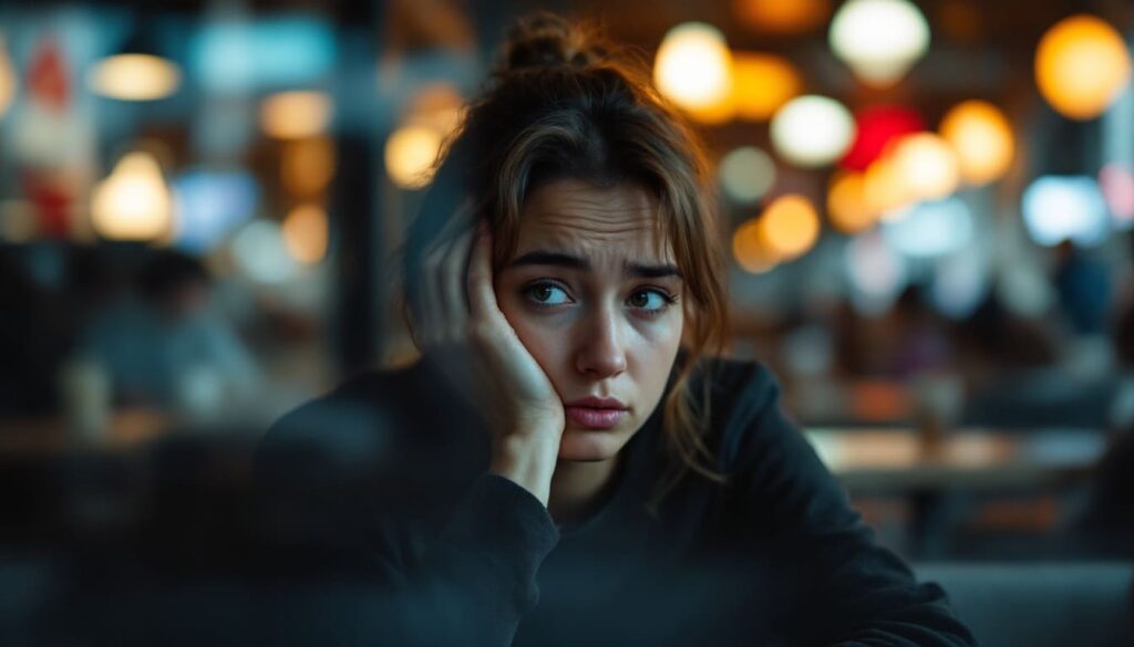 mujer con expresion triste y preocupada en ambiente urbano con luces difuminadas
