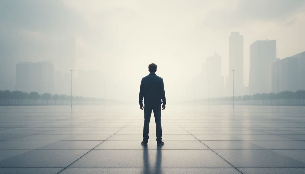 persona de espaldas en espacio abierto con neblina y edificios en fondo