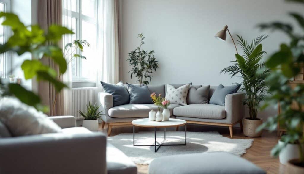 habitacion con un sofa gris y cojines