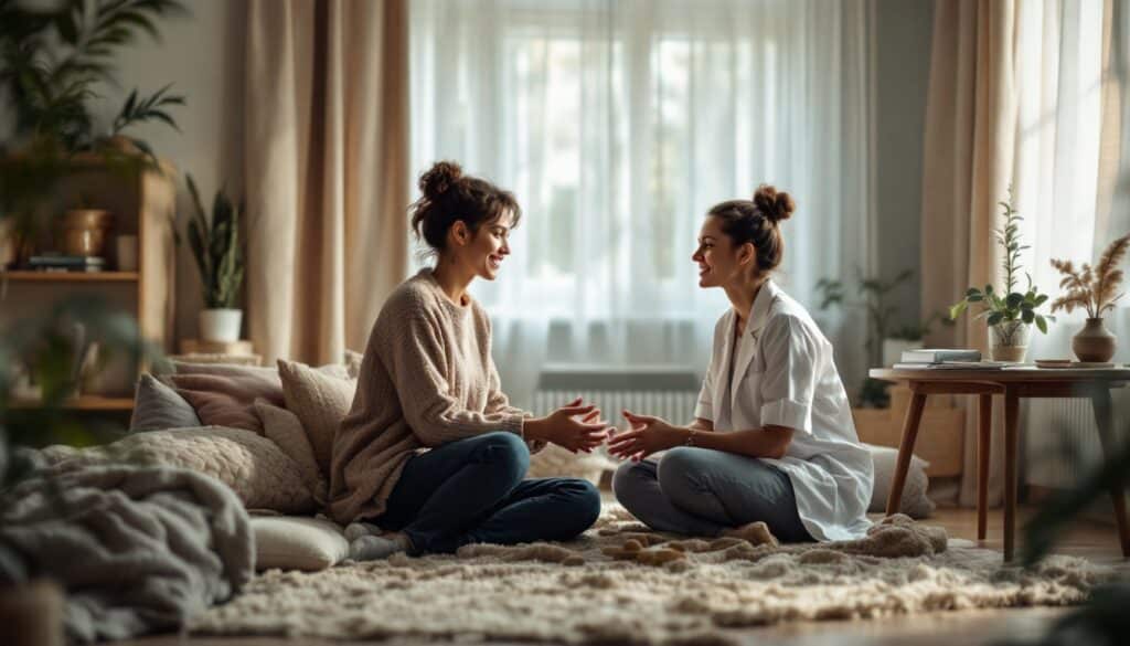 mujeres sentadas en el suelo hablando
