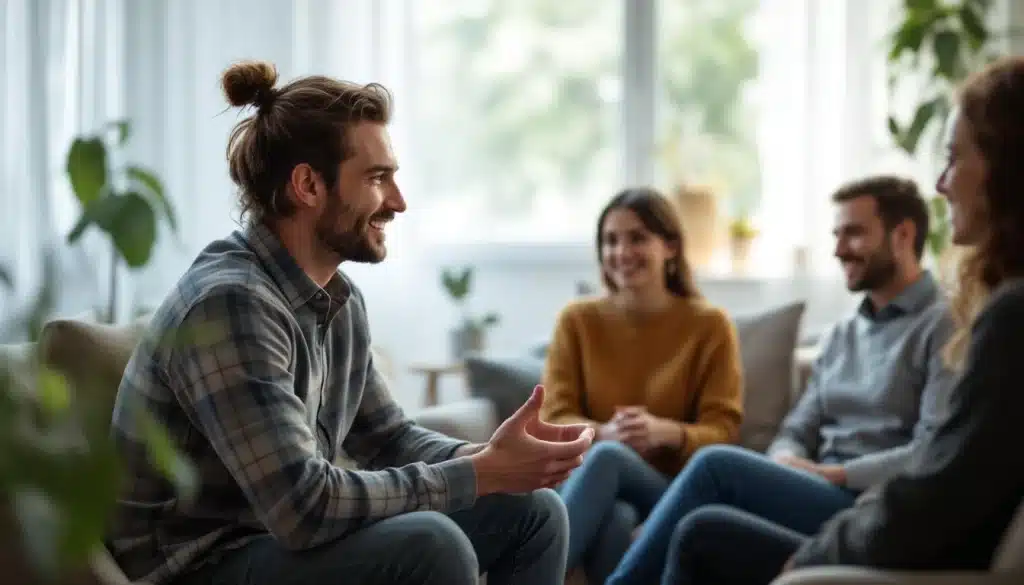 hombre hablando sentado en un sofa